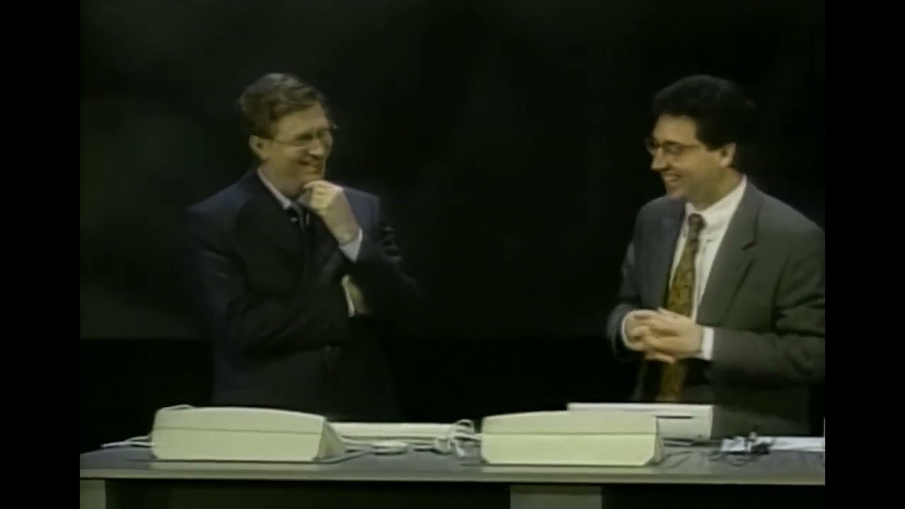 Bill Gates and Chris Capossela on stage at the Windows 98 Plug and Play demo