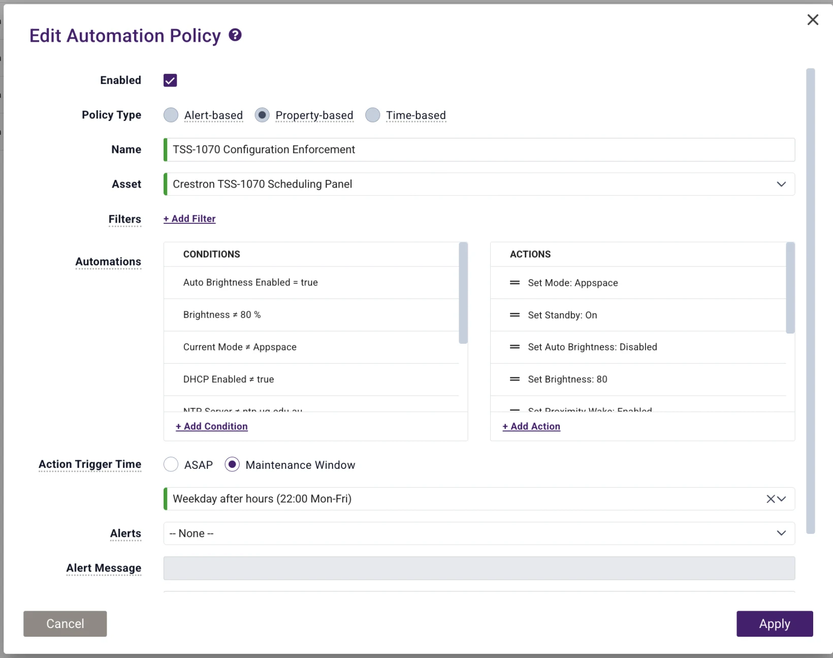 Edit Automation Policy dialog: TSS-1070 Configuration Enforcement, a property-based policy on a Crestron TSS-1070 Scheduling Panel with configuration conditions and corrective set actions, triggered in a weekday after hours maintenance window