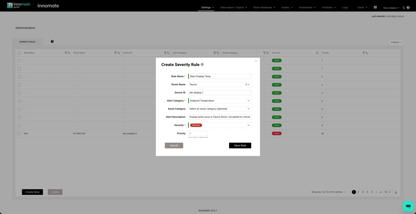 Create Severity Rule dialog with rule name, room, device, alert category, severity set to Critical and a priority, over the Severity Rules table