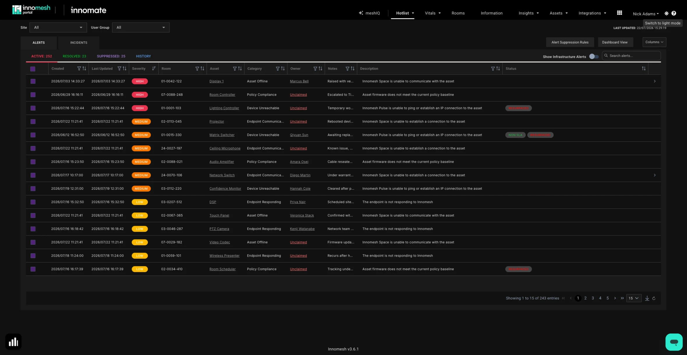Innomesh Portal dashboard in dark mode
