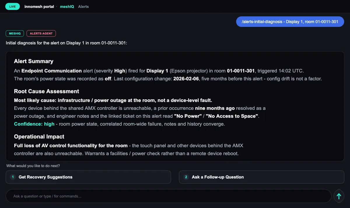 meshIQ Alerts agent diagnosing an endpoint communication alert, with an alert summary, a root cause assessment, the operational impact, and buttons to get recovery suggestions or ask a follow-up question