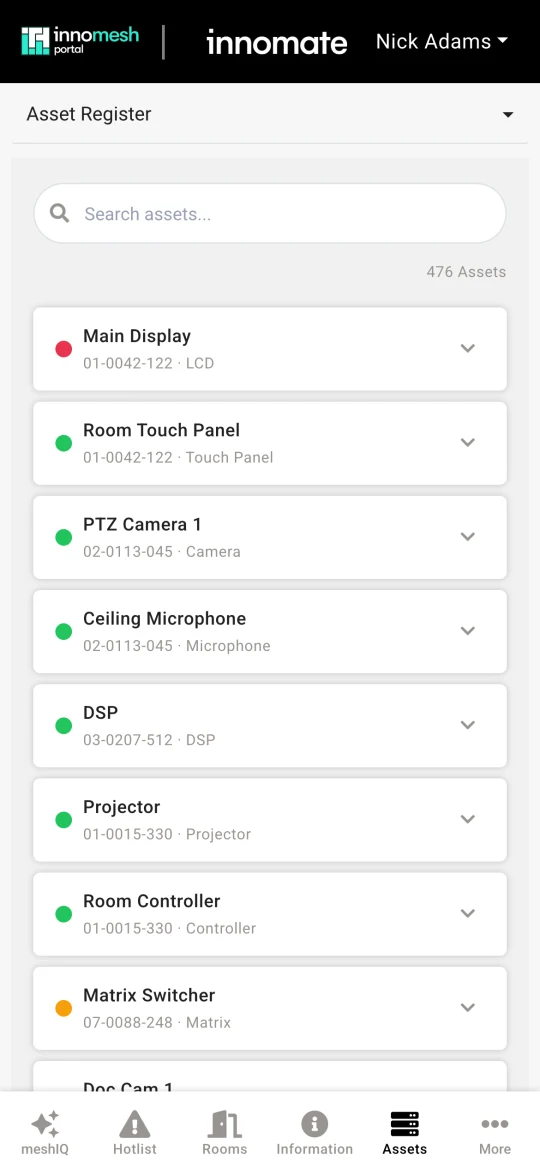 Asset Register on a phone listing devices with status indicators, room and asset type