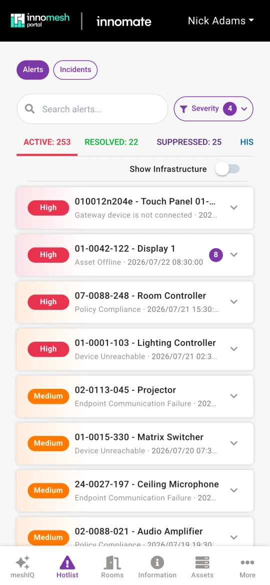Innomesh Portal on a phone showing the Hotlist alert list with severity badges and a bottom navigation bar