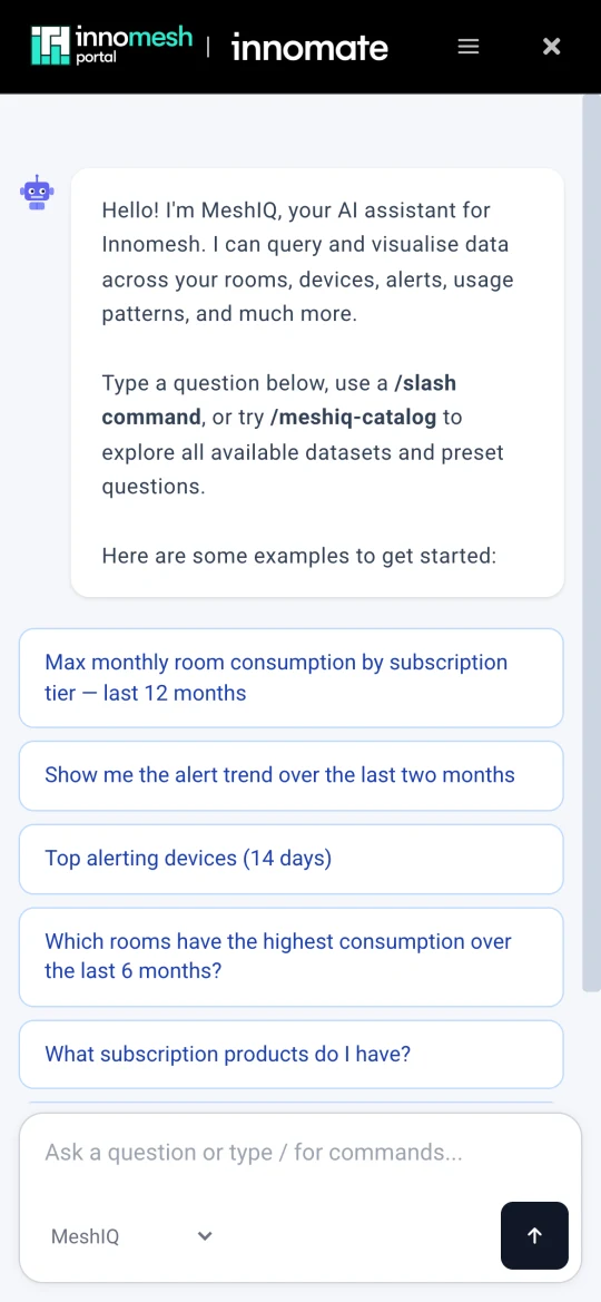 meshIQ chat on a phone with a welcome message and example query buttons