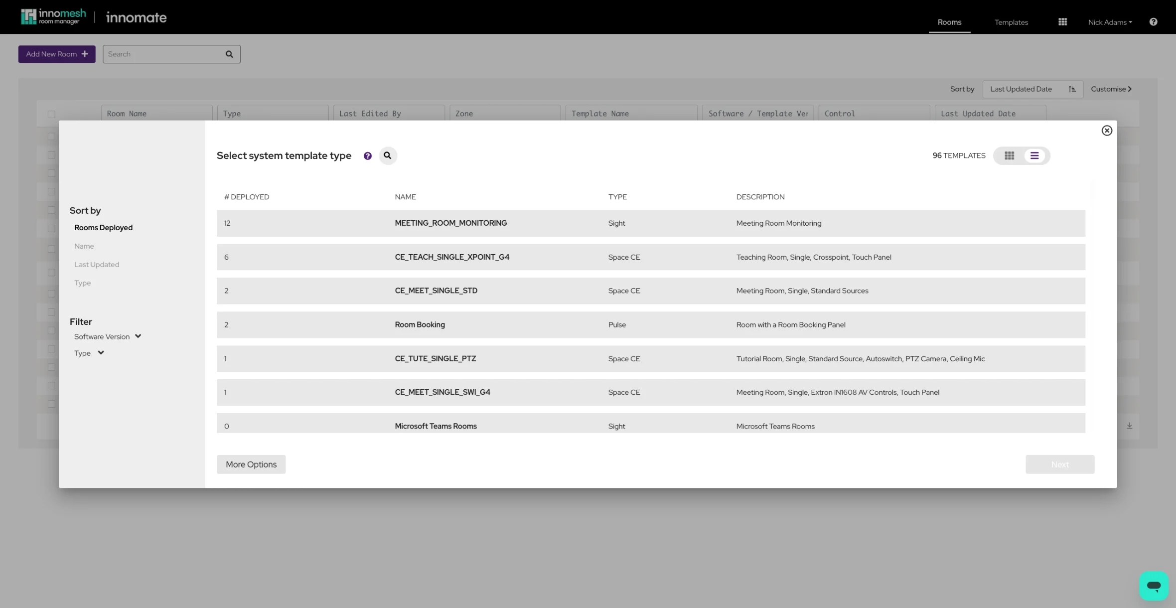 Template selection in Room Manager as a list view with template names and descriptions